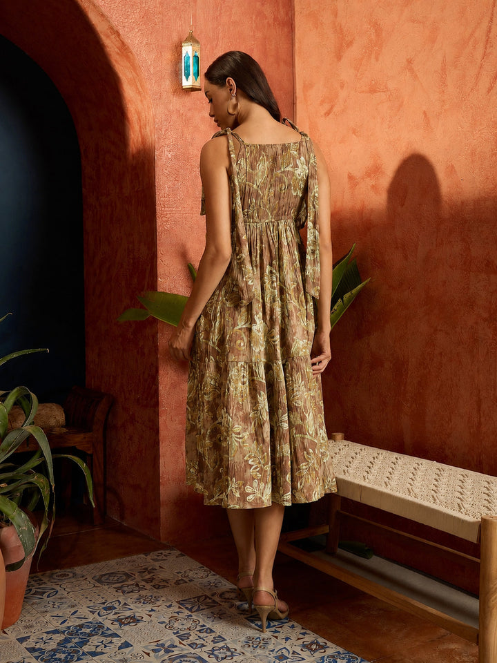 Peach Floral Printed Crepe Tiered Dress