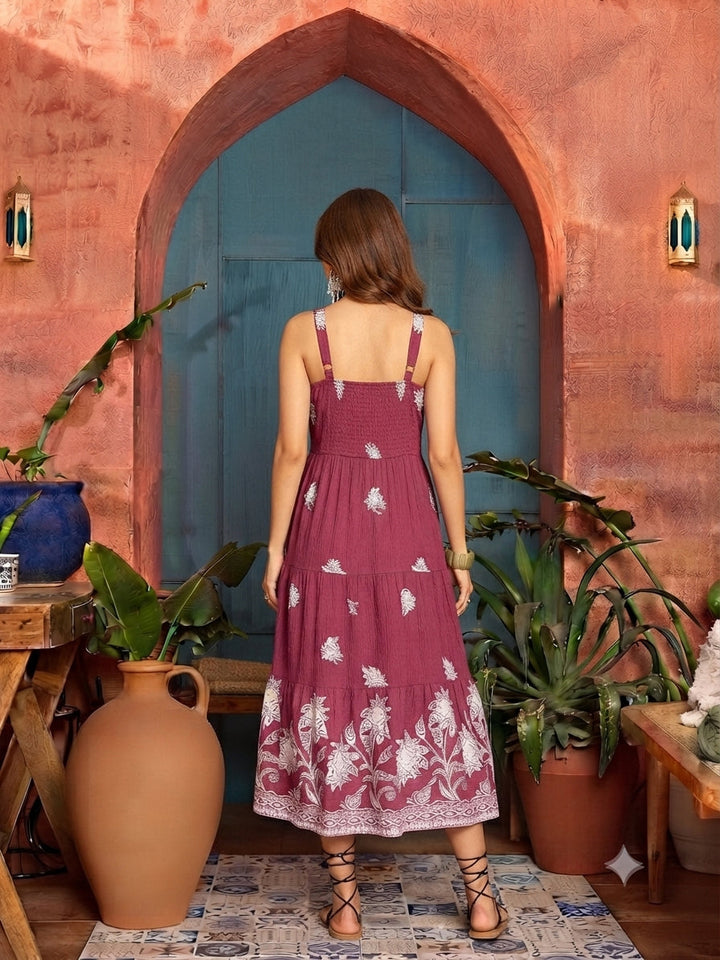Pink Tropical Digital Printed Crepe Tiered Dress