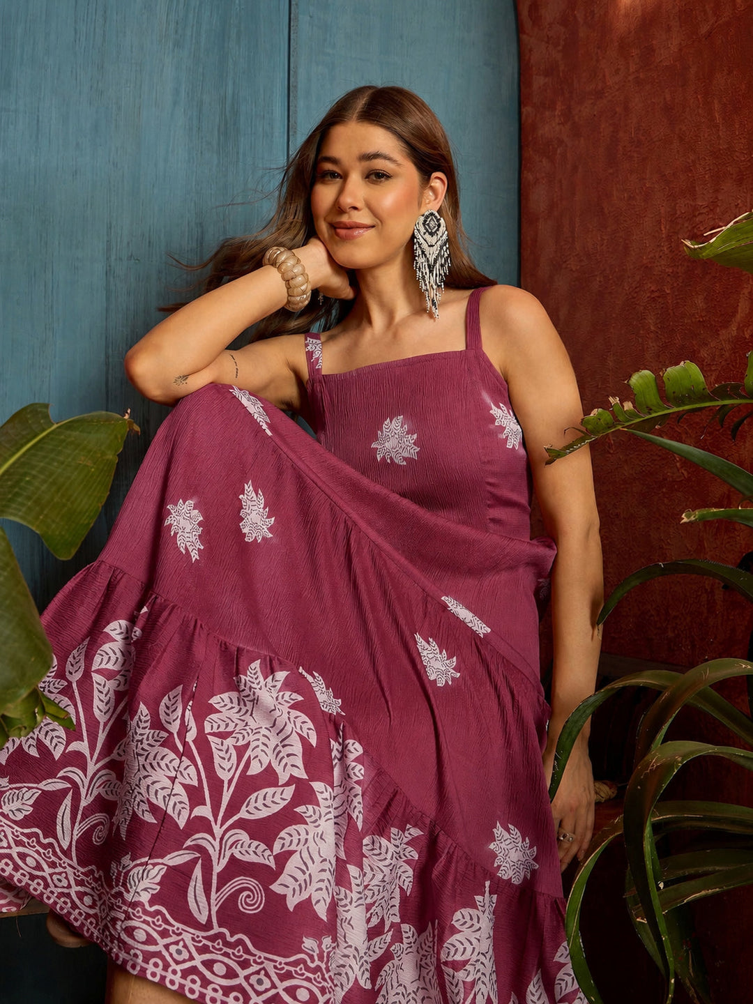 Pink Tropical Digital Printed Crepe Tiered Dress