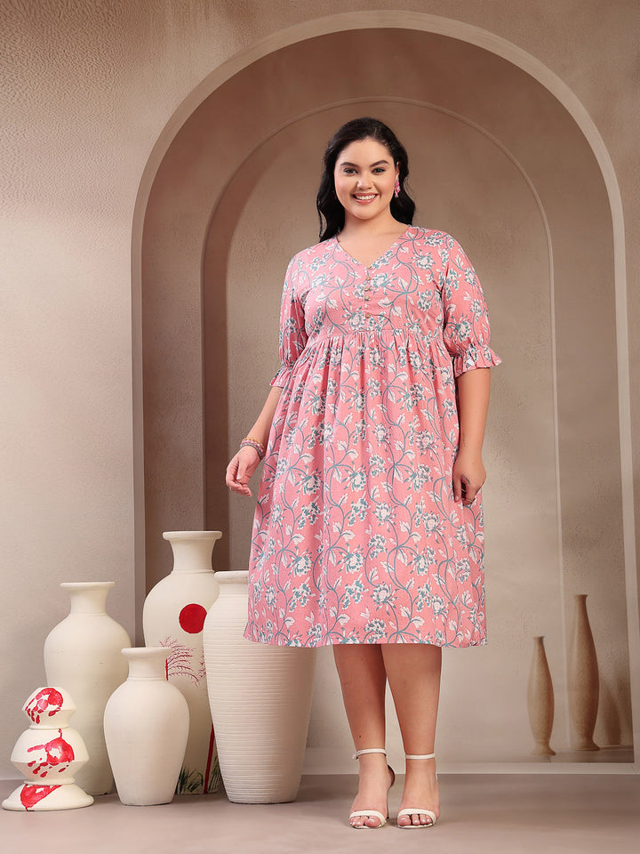 Plus Size Pestal Pink Ethnic Printed Cotton Flared Dress