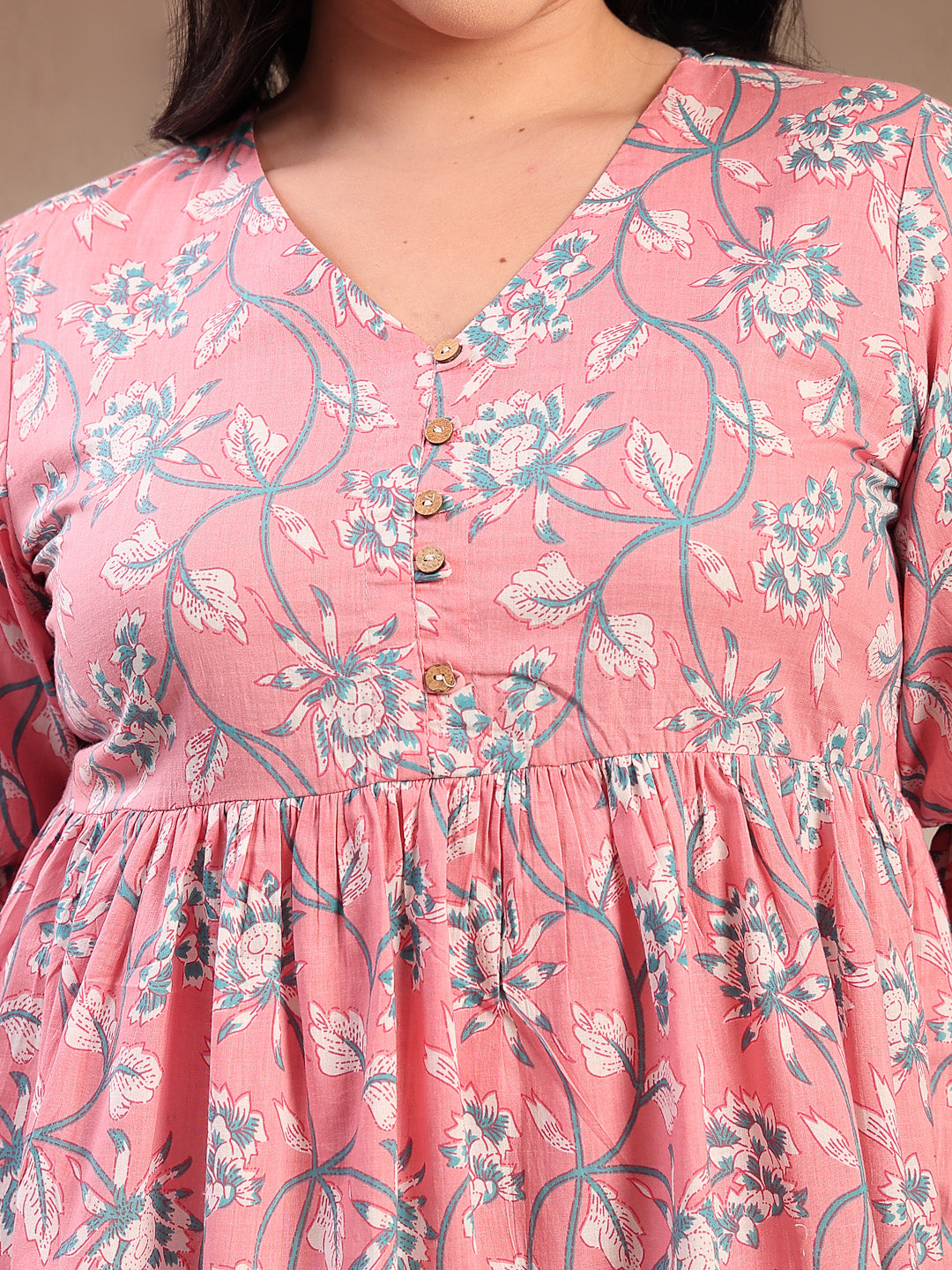 Plus Size Pestal Pink Ethnic Printed Cotton Flared Dress