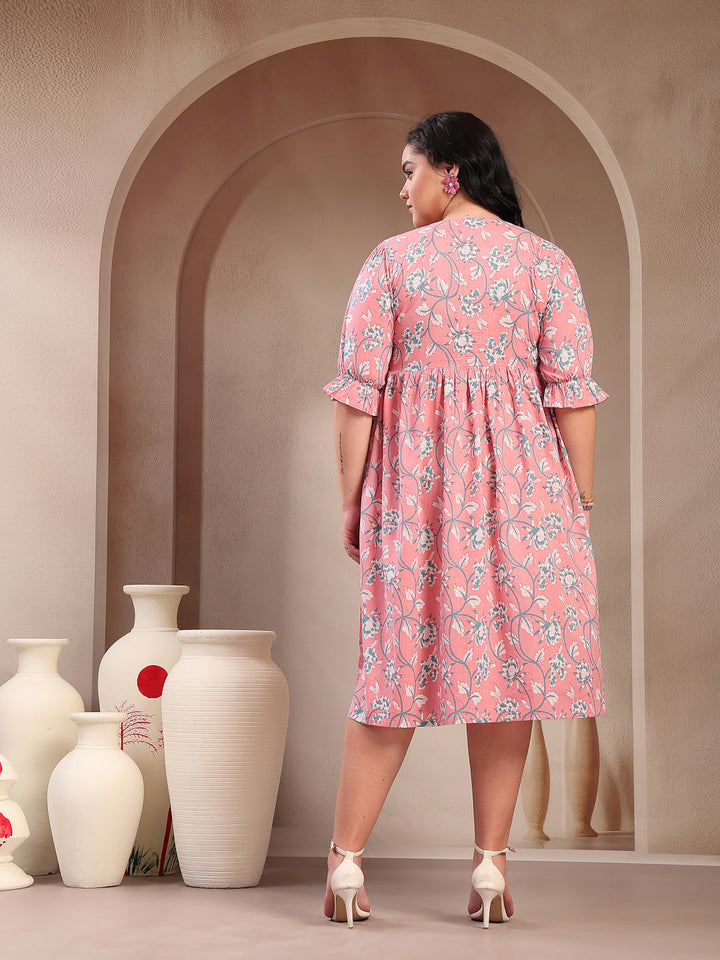 Plus Size Pestal Pink Ethnic Printed Cotton Flared Dress