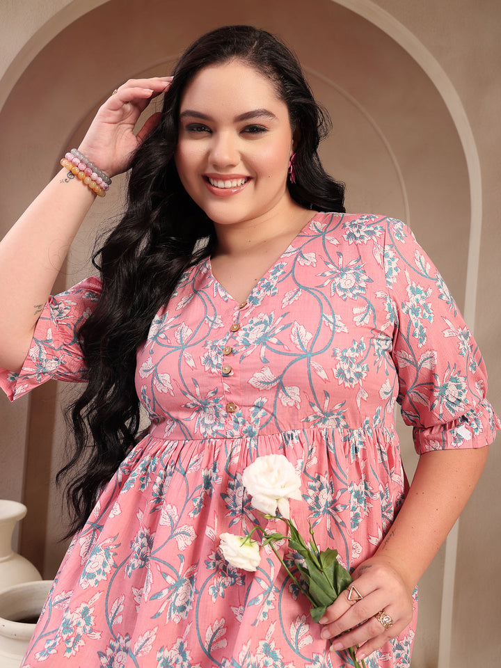 Plus Size Pestal Pink Ethnic Printed Cotton Flared Dress