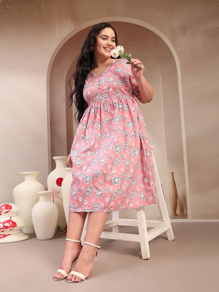 Plus Size Pestal Pink Ethnic Printed Cotton Flared Dress
