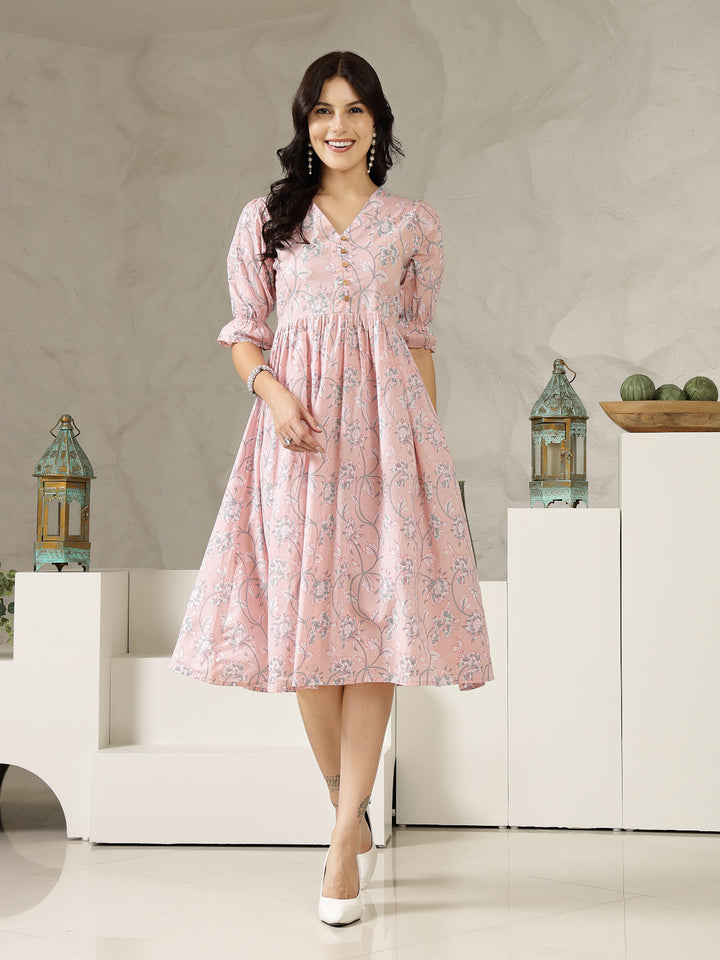 Pestal-Pink-Cotton-Ethnic-Printed-Flared-Midi-Dress