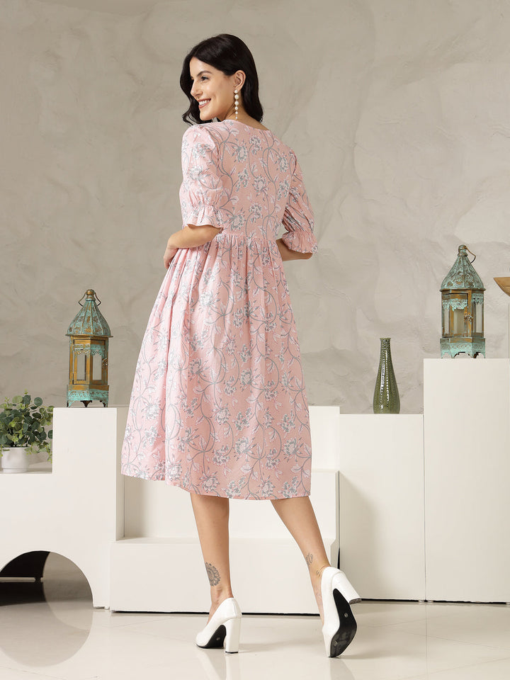 Pestal-Pink-Cotton-Ethnic-Printed-Flared-Midi-Dress