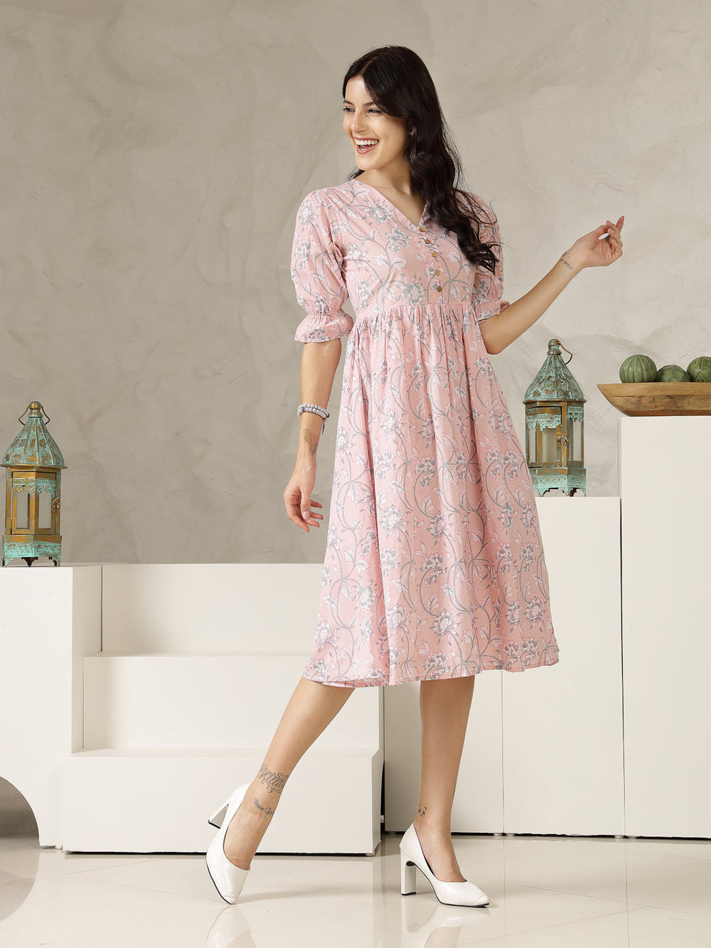 Pestal-Pink-Cotton-Ethnic-Printed-Flared-Midi-Dress