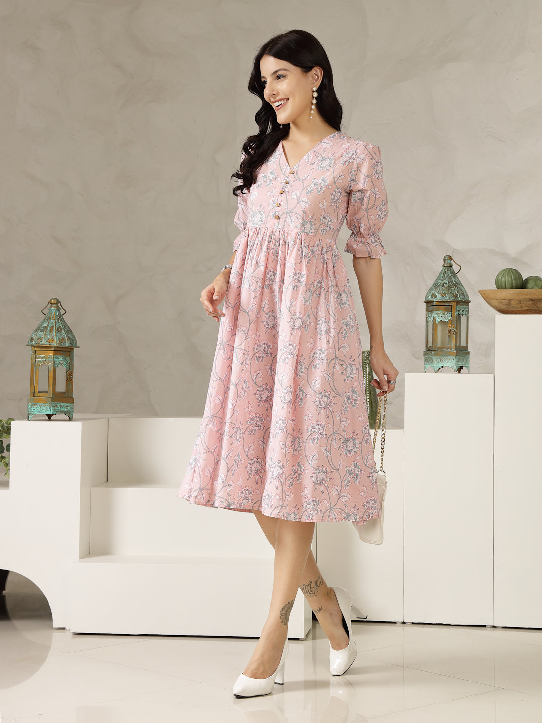 Pestal-Pink-Cotton-Ethnic-Printed-Flared-Midi-Dress