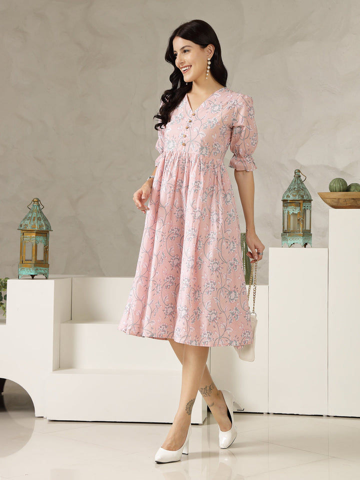 Pestal-Pink-Cotton-Ethnic-Printed-Flared-Midi-Dress