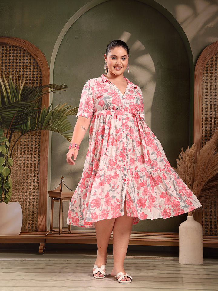 Plus Size Pestal Pink Floral Printed Cotton Flared Dress
