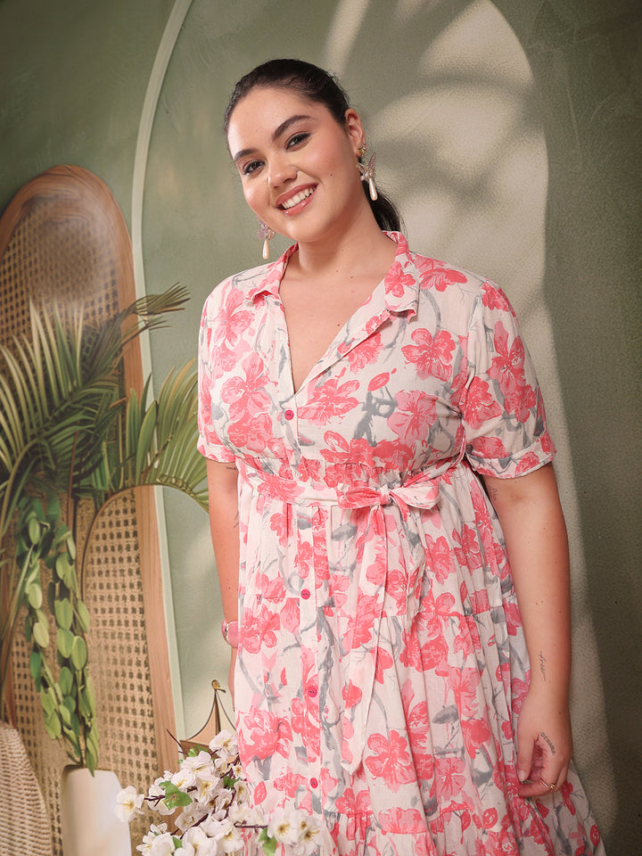 Plus Size Pestal Pink Floral Printed Cotton Flared Dress