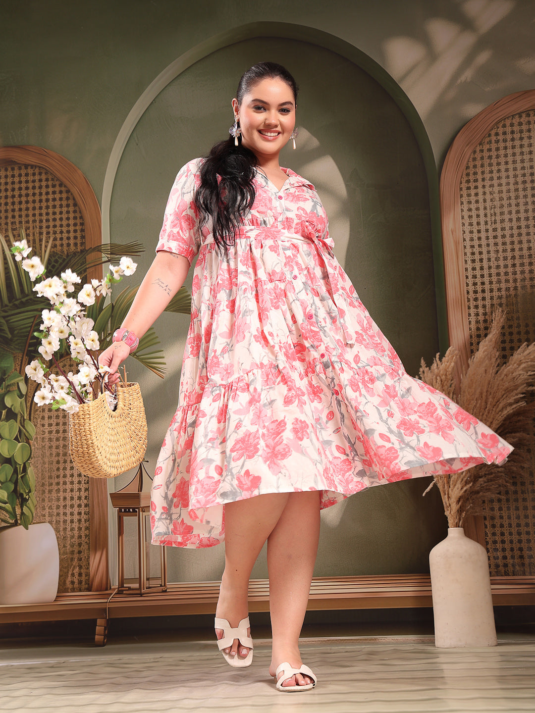 Plus Size Pestal Pink Floral Printed Cotton Flared Dress