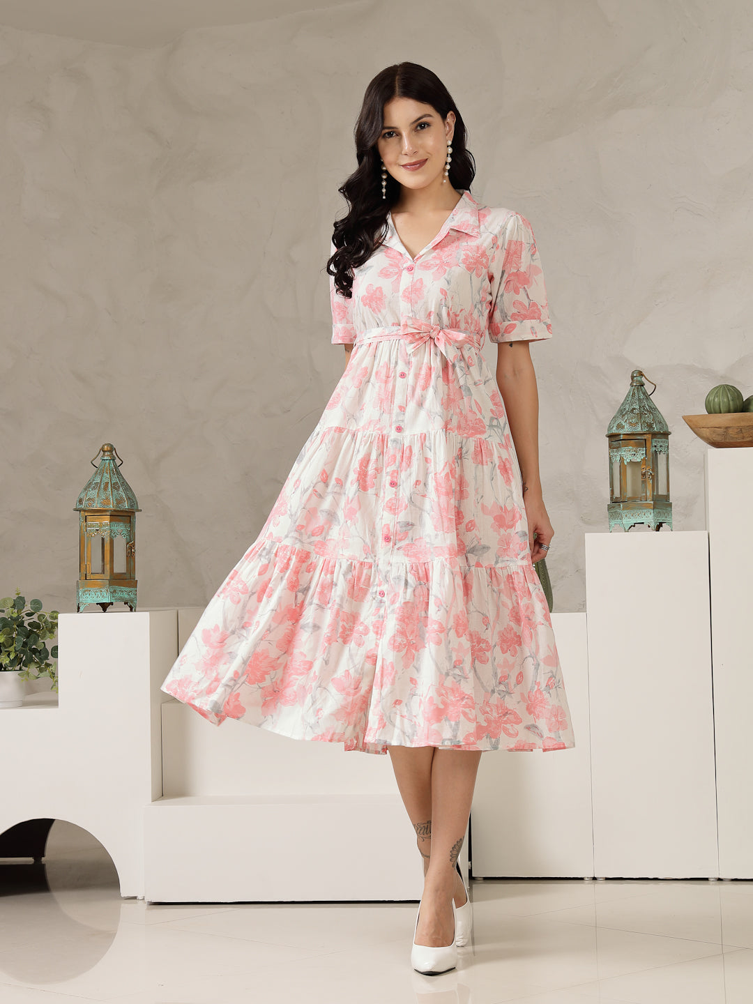 Pestal-Pink-Cotton--Floral-Printed-Flared-Midi-Dress