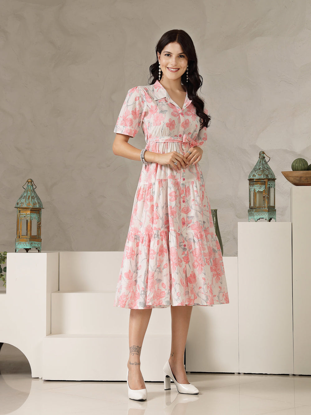 Pestal-Pink-Cotton--Floral-Printed-Flared-Midi-Dress
