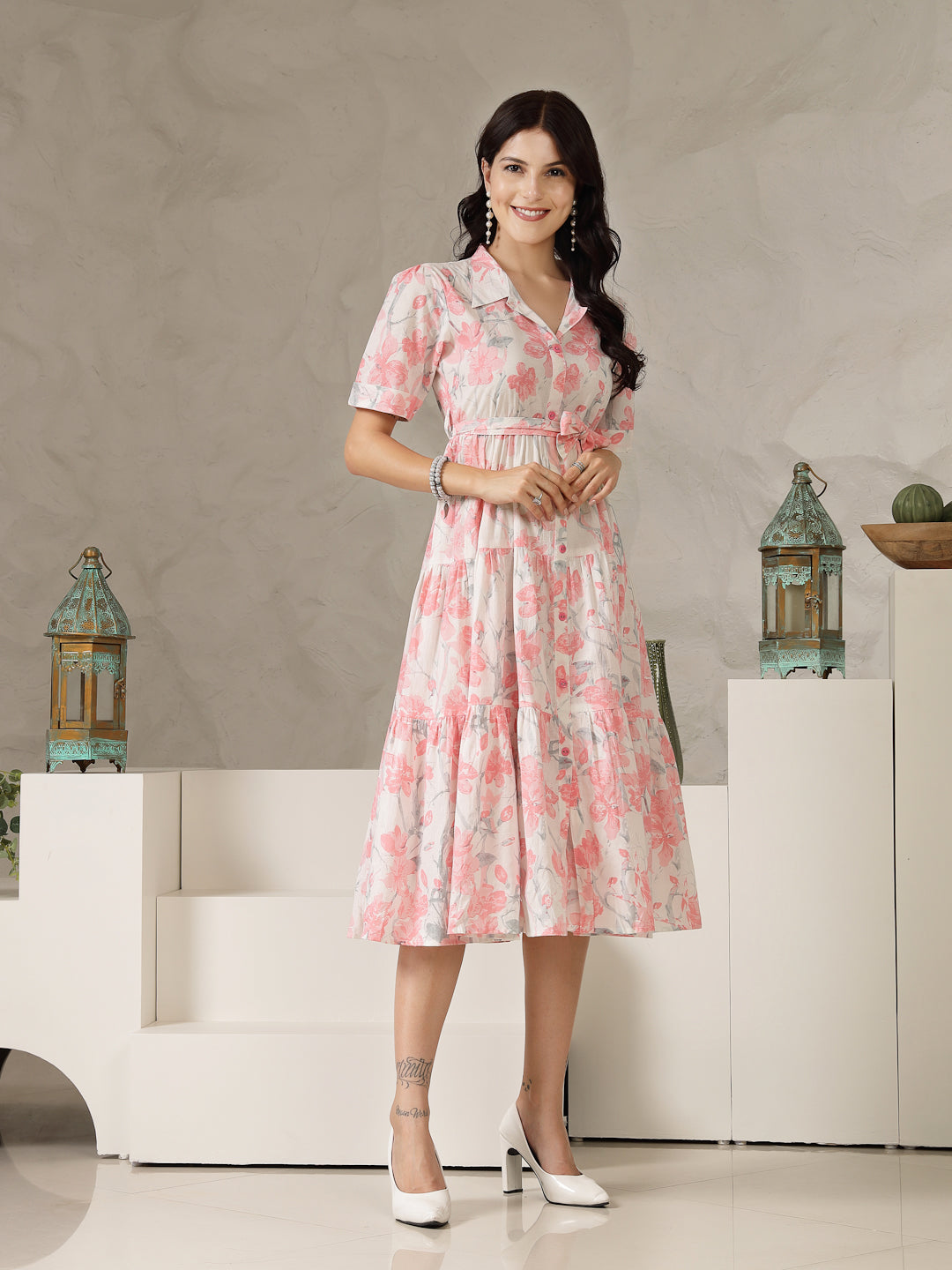 Pestal-Pink-Cotton--Floral-Printed-Flared-Midi-Dress