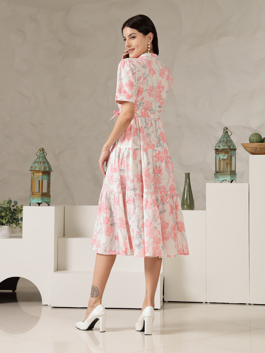 Pestal-Pink-Cotton--Floral-Printed-Flared-Midi-Dress