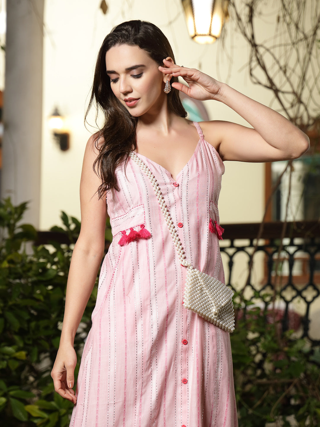Pink-Cotton-Blend-Striped-Printed-A-Line-Dress