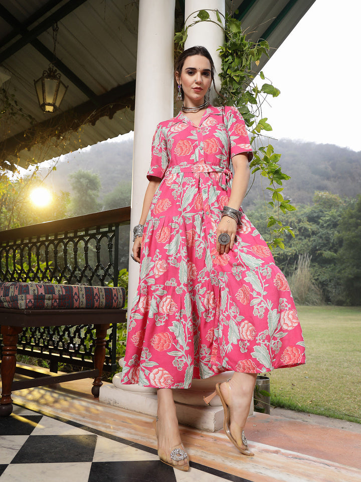 Pink-Rayon-Floral-Printed-Tiered-Midi-Dress
