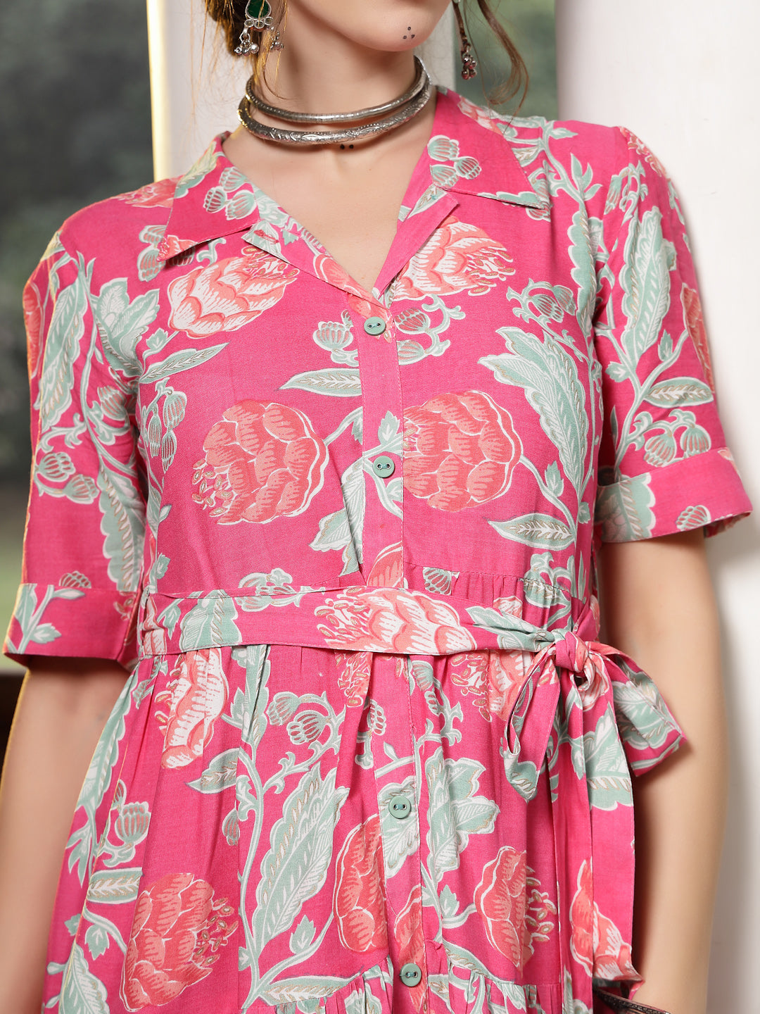 Pink-Rayon-Floral-Printed-Tiered-Midi-Dress