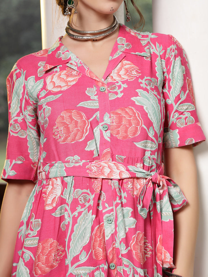 Pink-Rayon-Floral-Printed-Tiered-Midi-Dress