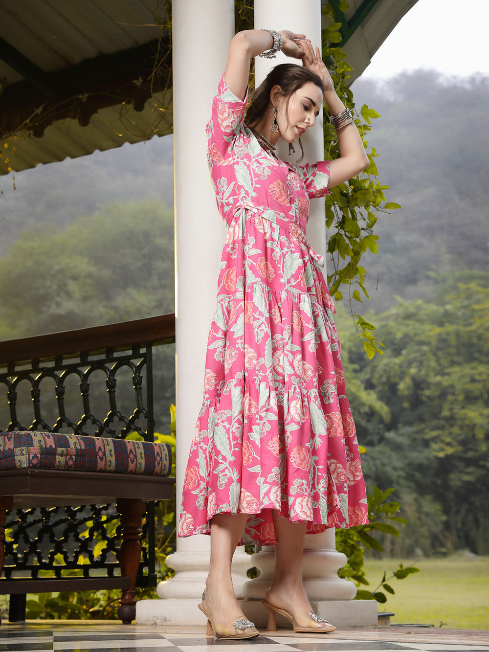 Pink-Rayon-Floral-Printed-Tiered-Midi-Dress