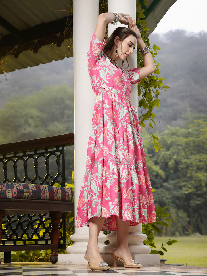 Pink-Rayon-Floral-Printed-Tiered-Midi-Dress