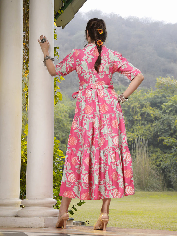 Pink-Rayon-Floral-Printed-Tiered-Midi-Dress