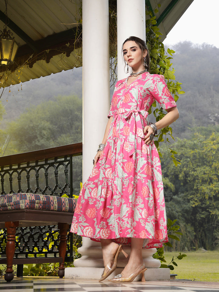 Pink-Rayon-Floral-Printed-Tiered-Midi-Dress