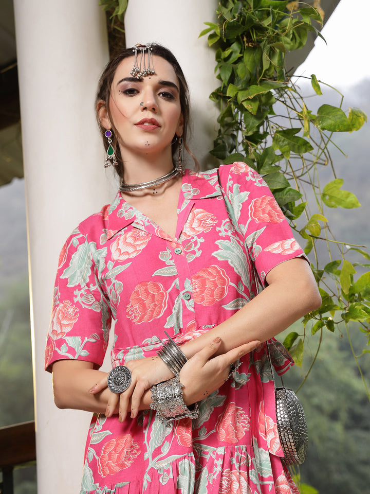 Pink-Rayon-Floral-Printed-Tiered-Midi-Dress