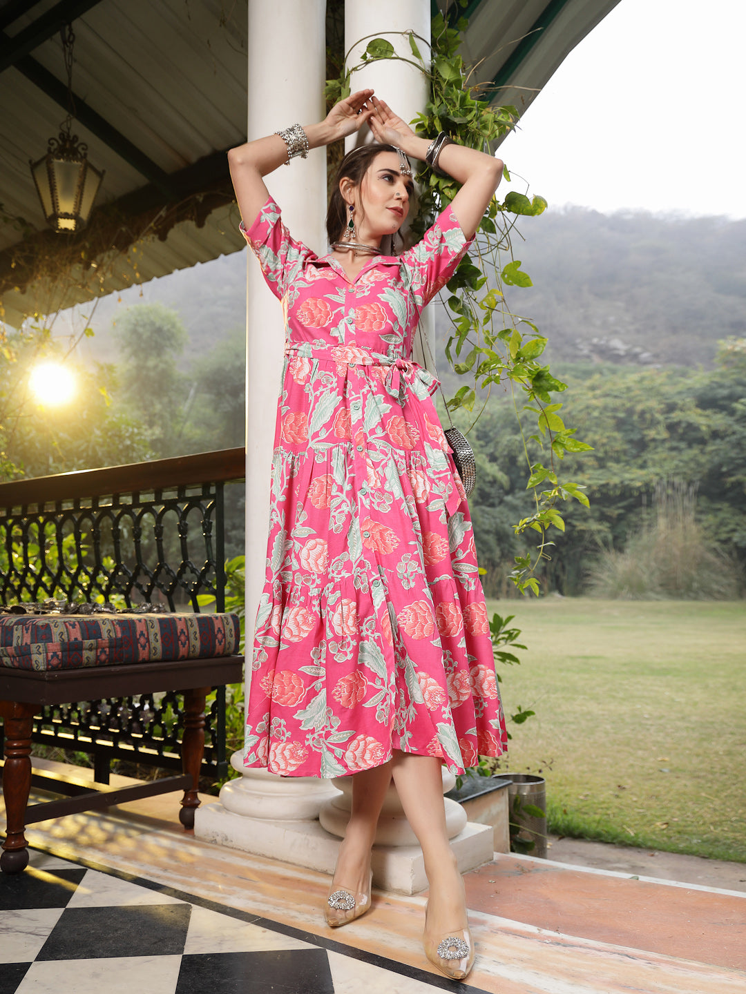 Pink Floral Printed Rayon Tiered Dress