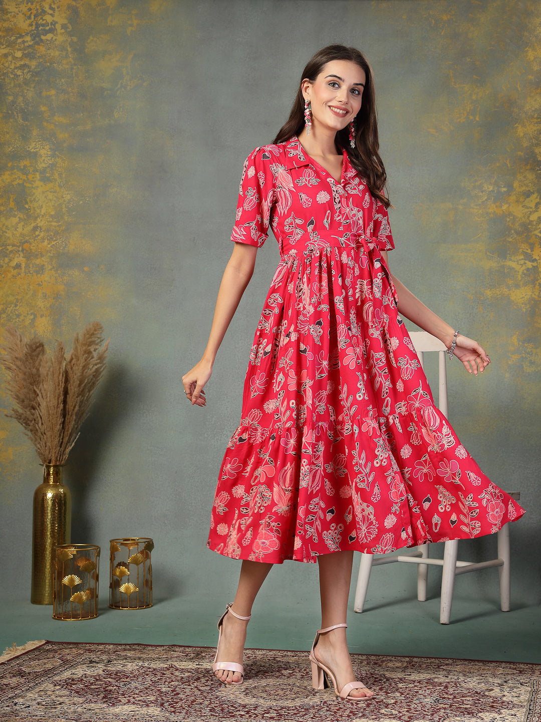 Pink-Rayon-Tropical-Printed-Tiered-Midi-Dress