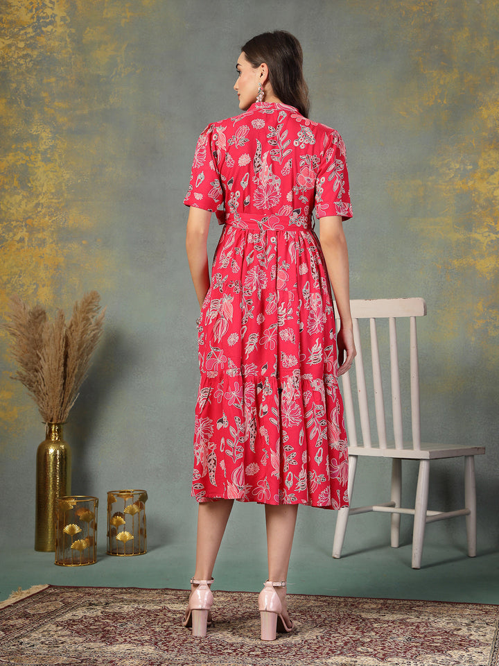 Pink-Rayon-Tropical-Printed-Tiered-Midi-Dress