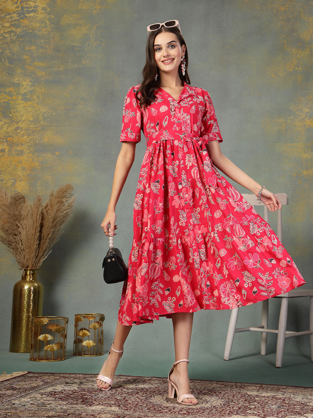 Pink-Rayon-Tropical-Printed-Tiered-Midi-Dress