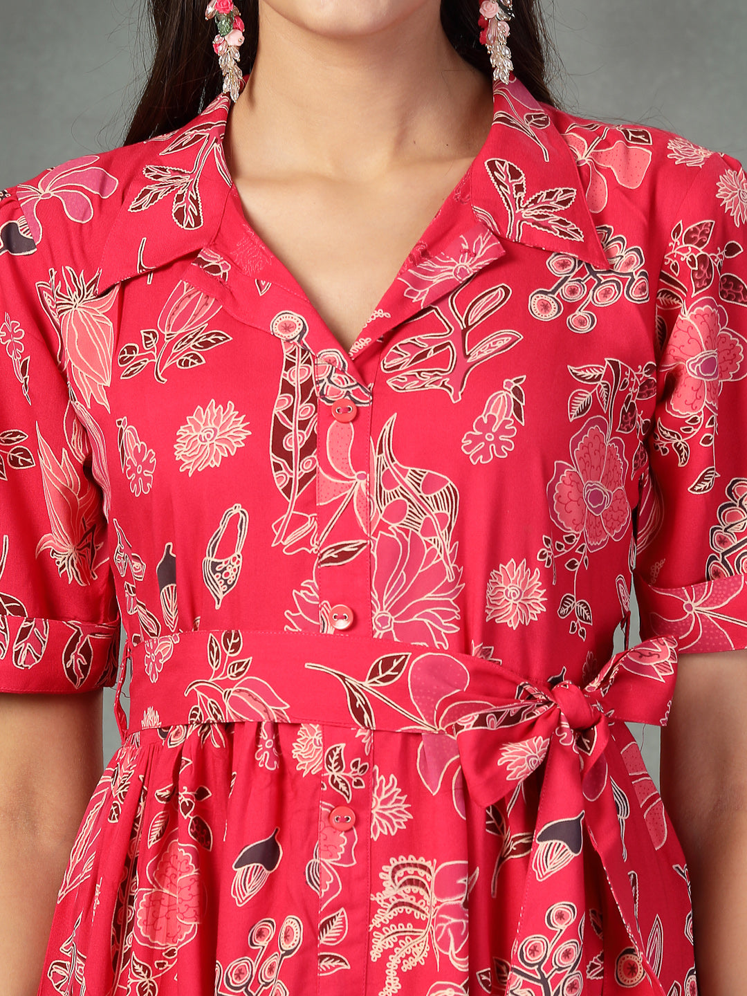 Pink-Rayon-Tropical-Printed-Tiered-Midi-Dress