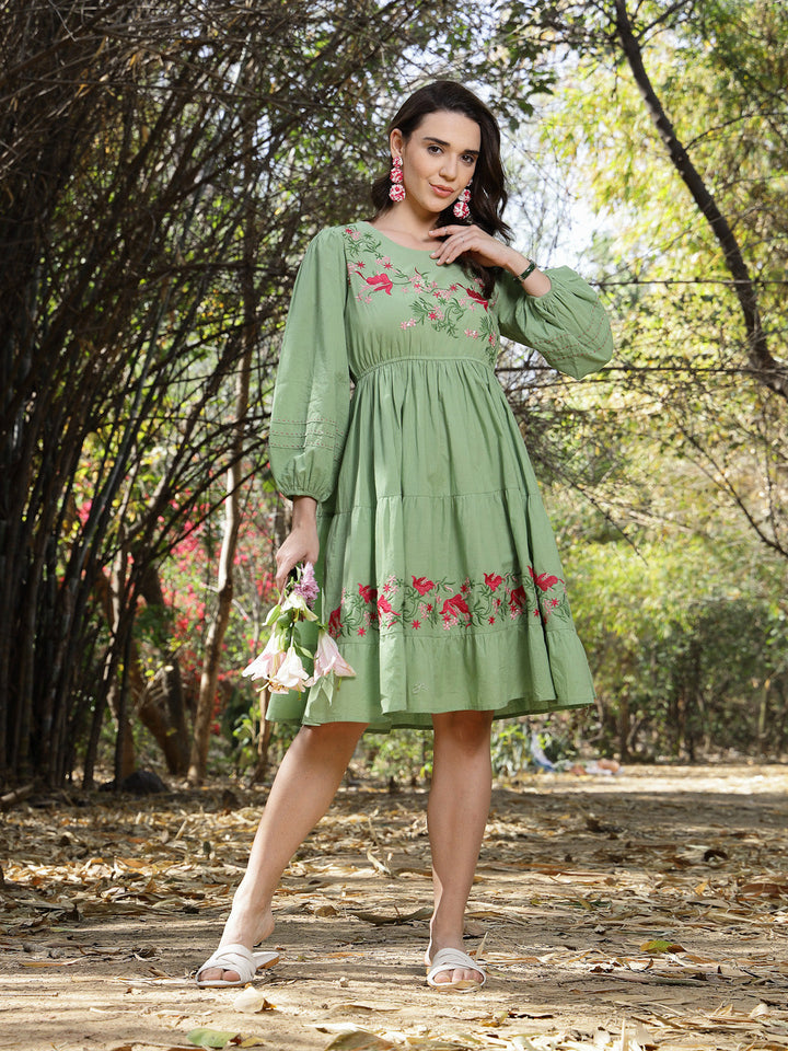 Pestal Green Solid & Embroidered Cotton Tiered Dress