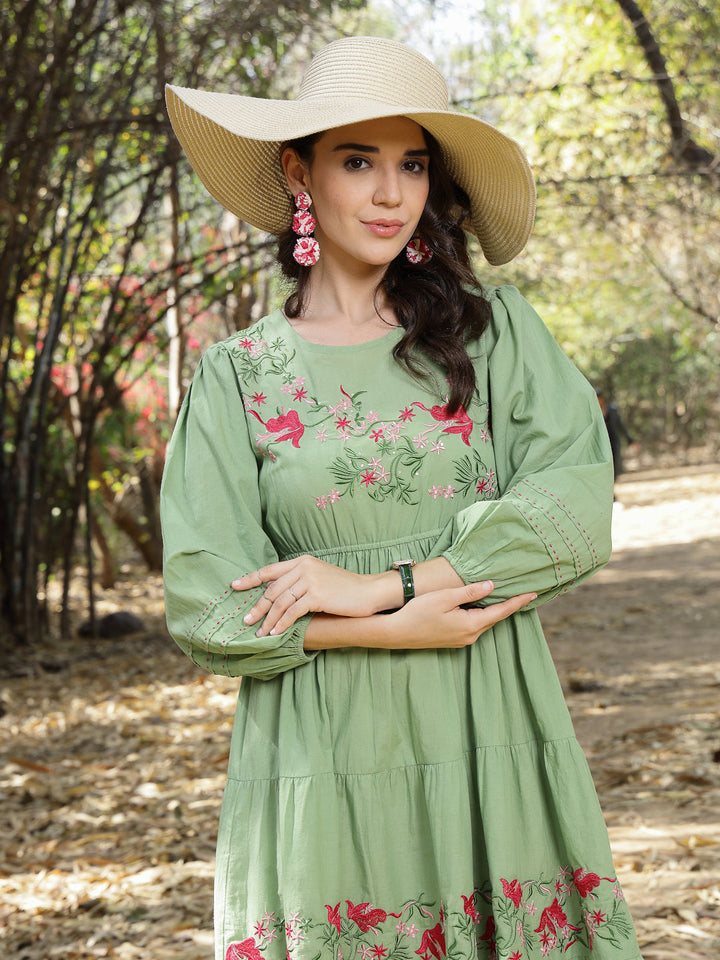 Pestal Green Solid & Embroidered Cotton Tiered Dress