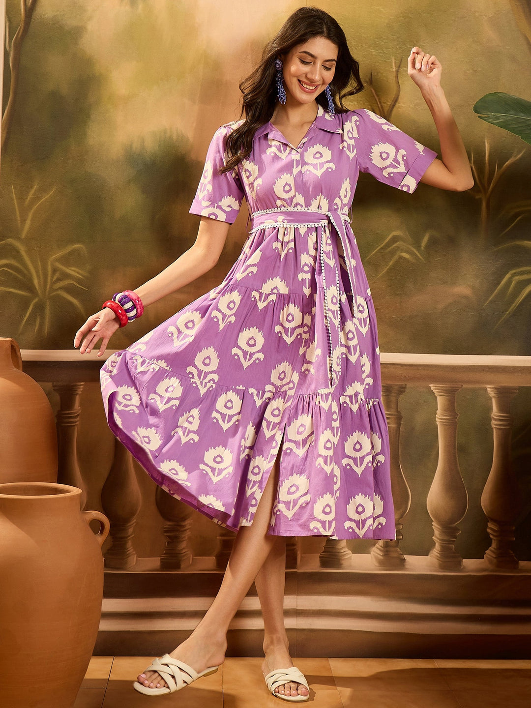 Purple Floral Printed Cotton Flared Dress
