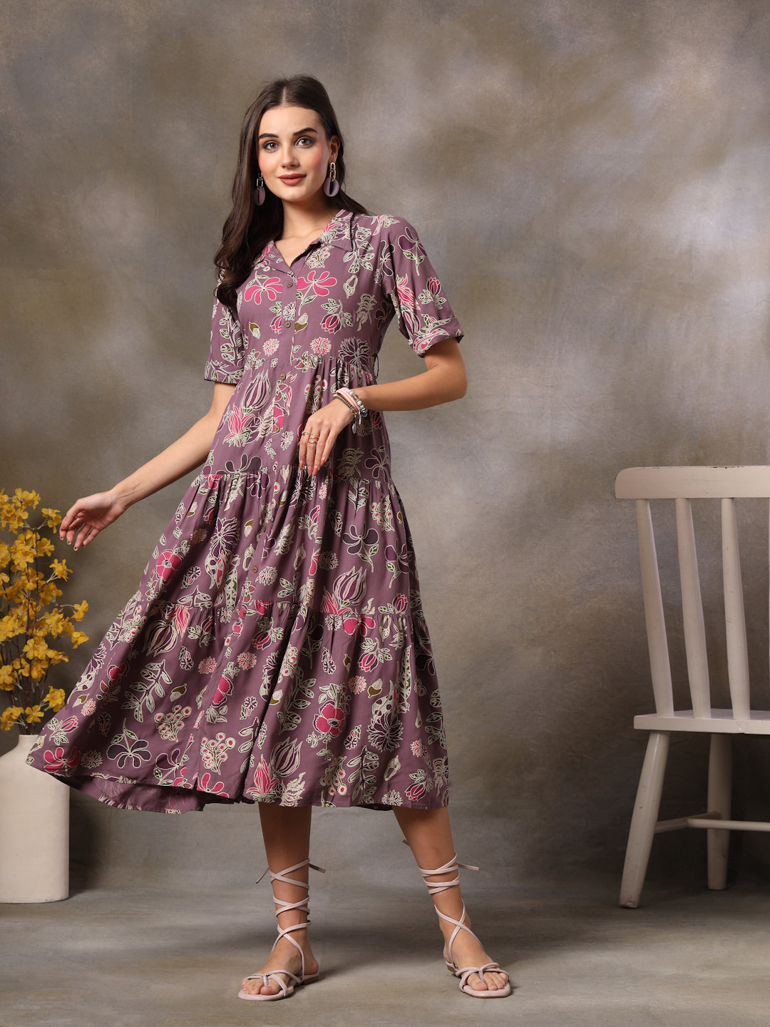 Purple-Rayon-Tropical-Printed-Tiered-Midi-Dress