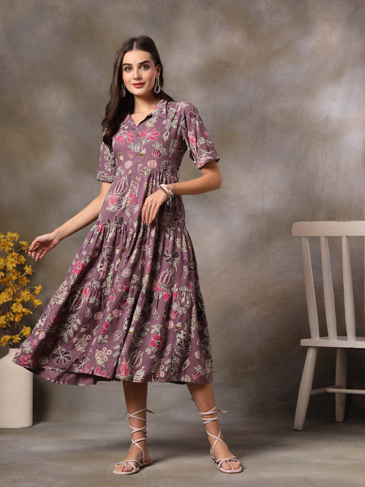 Purple-Rayon-Tropical-Printed-Tiered-Midi-Dress