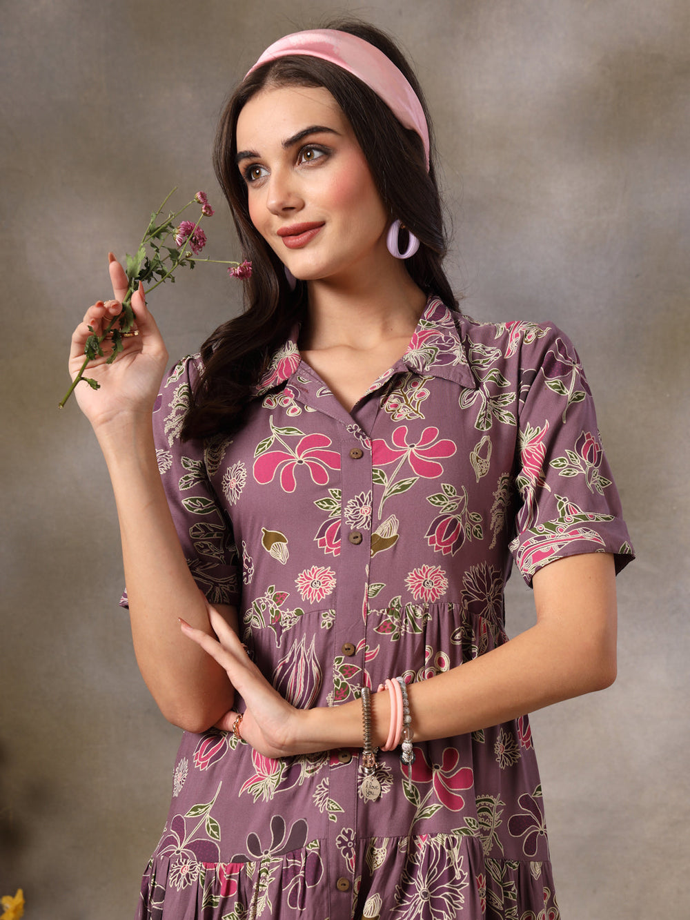 Purple-Rayon-Tropical-Printed-Tiered-Midi-Dress