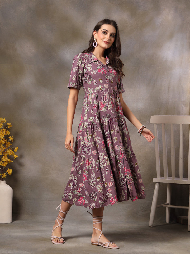 Purple-Rayon-Tropical-Printed-Tiered-Midi-Dress