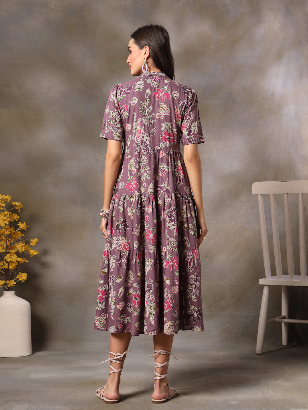 Purple-Rayon-Tropical-Printed-Tiered-Midi-Dress