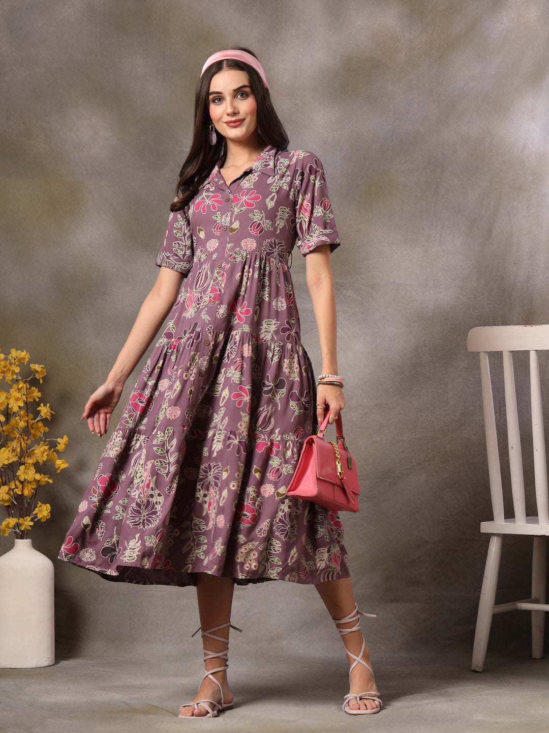 Purple-Rayon-Tropical-Printed-Tiered-Midi-Dress