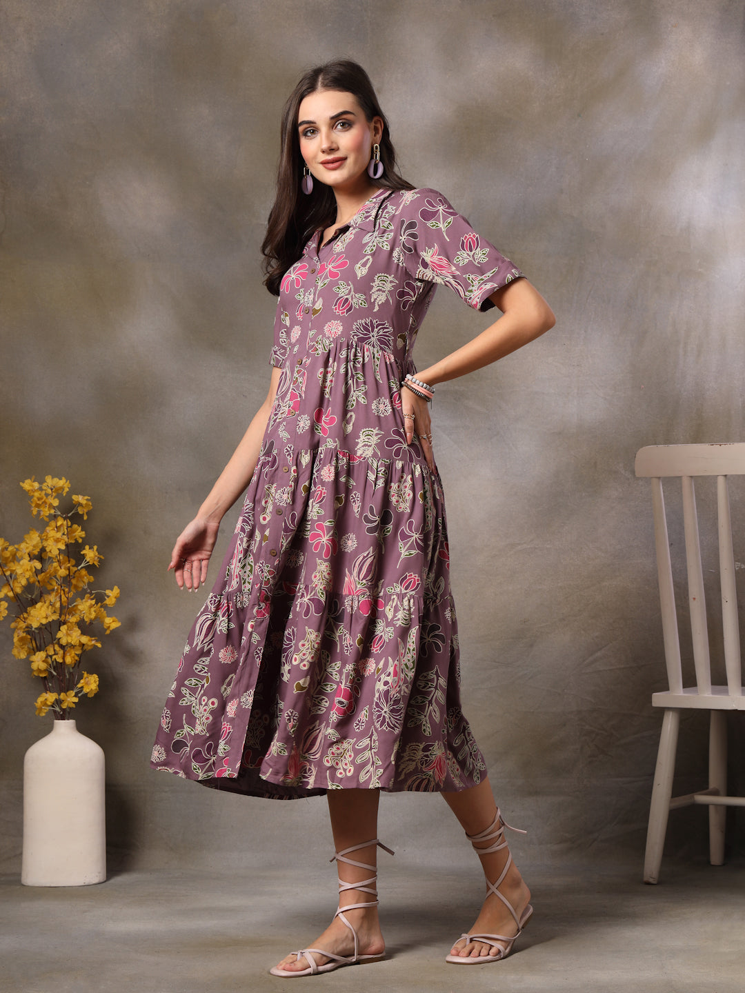 Purple-Rayon-Tropical-Printed-Tiered-Midi-Dress