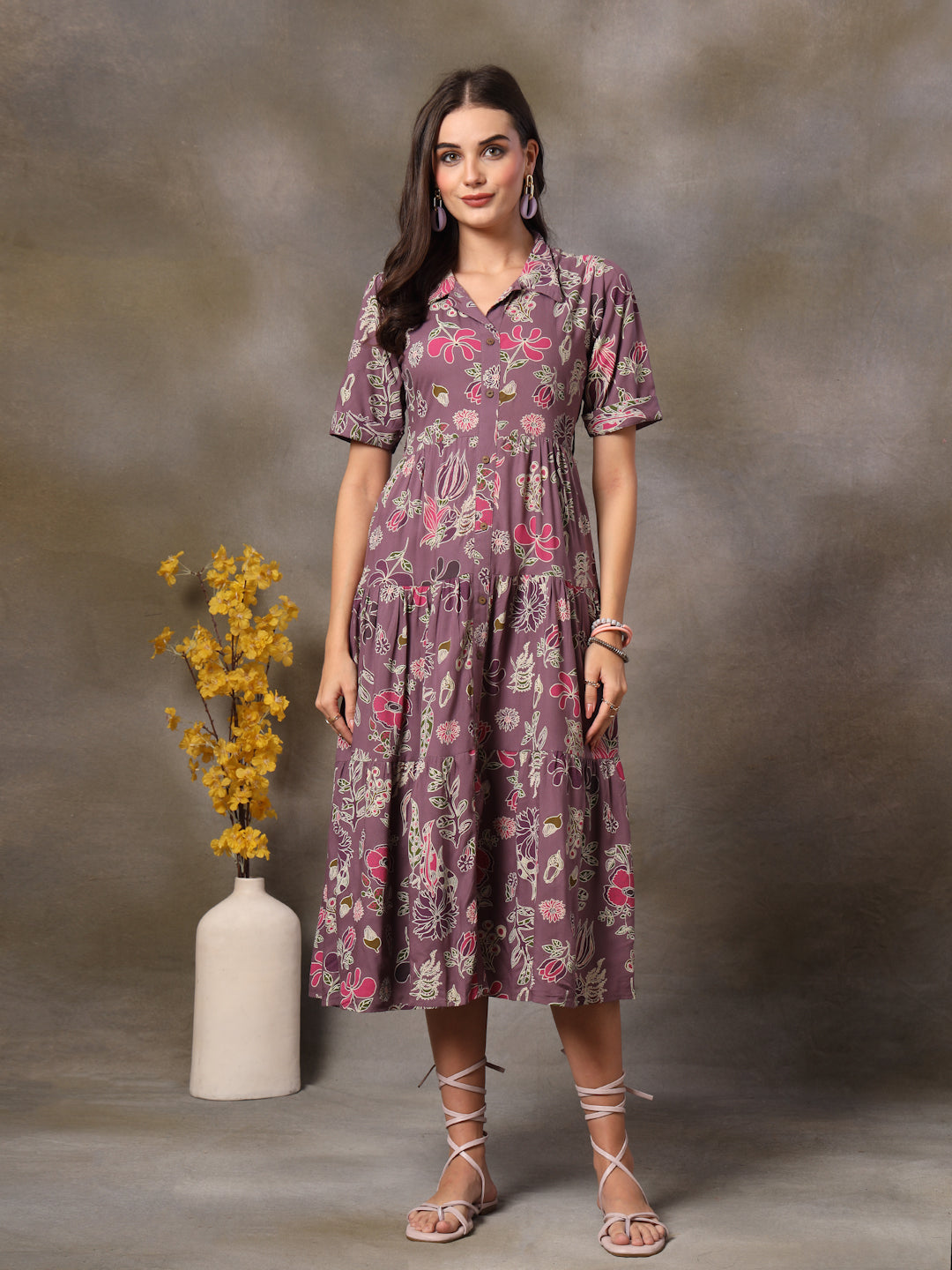 Purple-Rayon-Tropical-Printed-Tiered-Midi-Dress