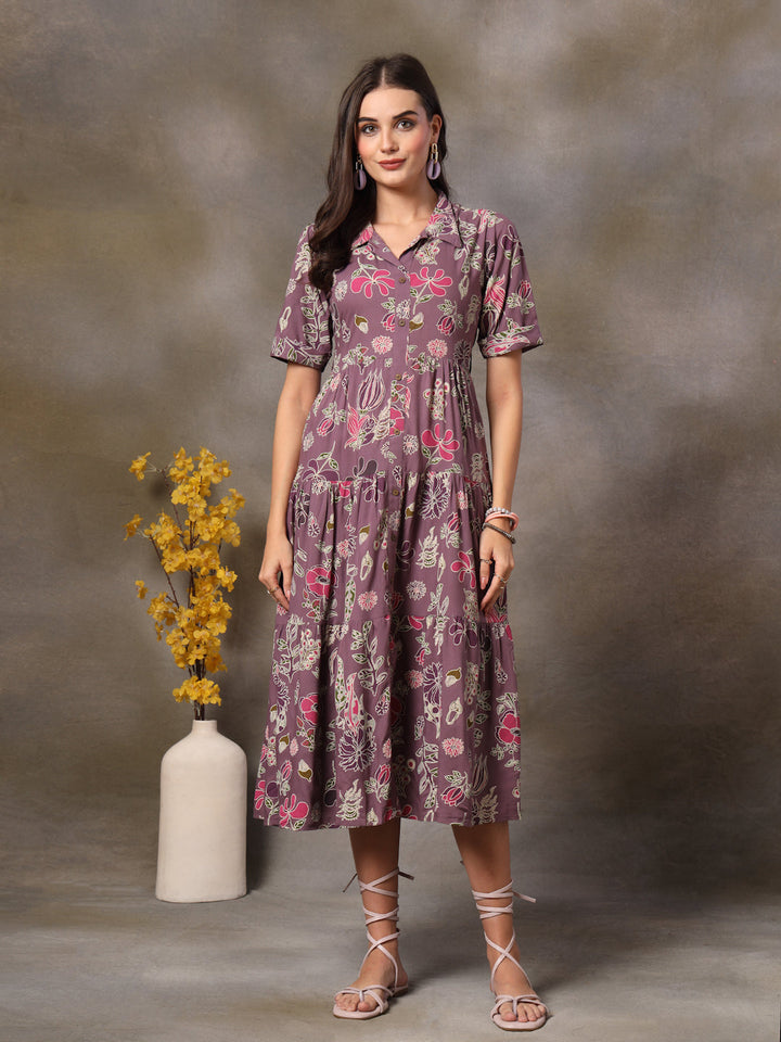 Purple-Rayon-Tropical-Printed-Tiered-Midi-Dress
