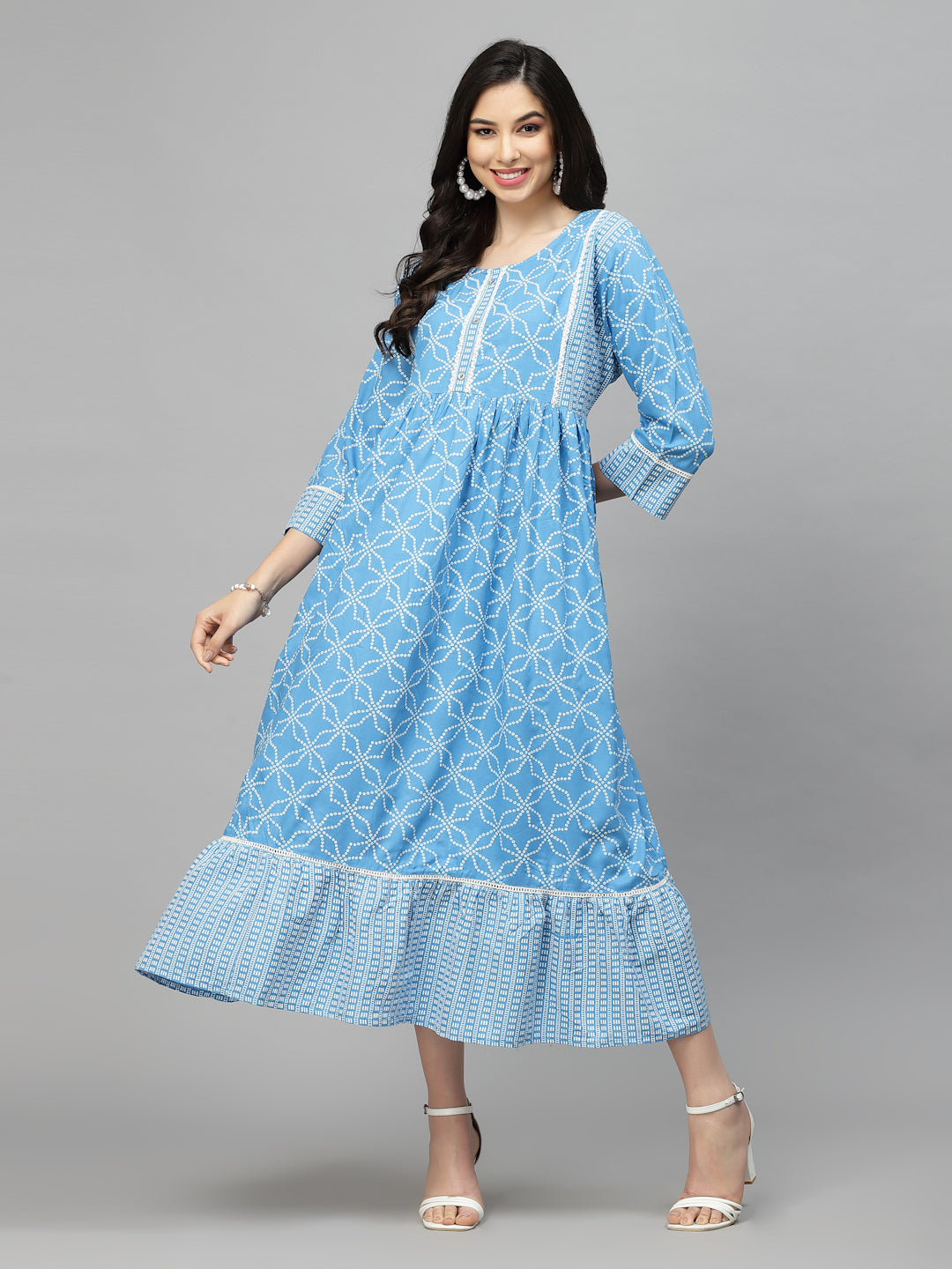 Blue-Bandhej-Rayon-Printed-Tiered-Kurta-Only