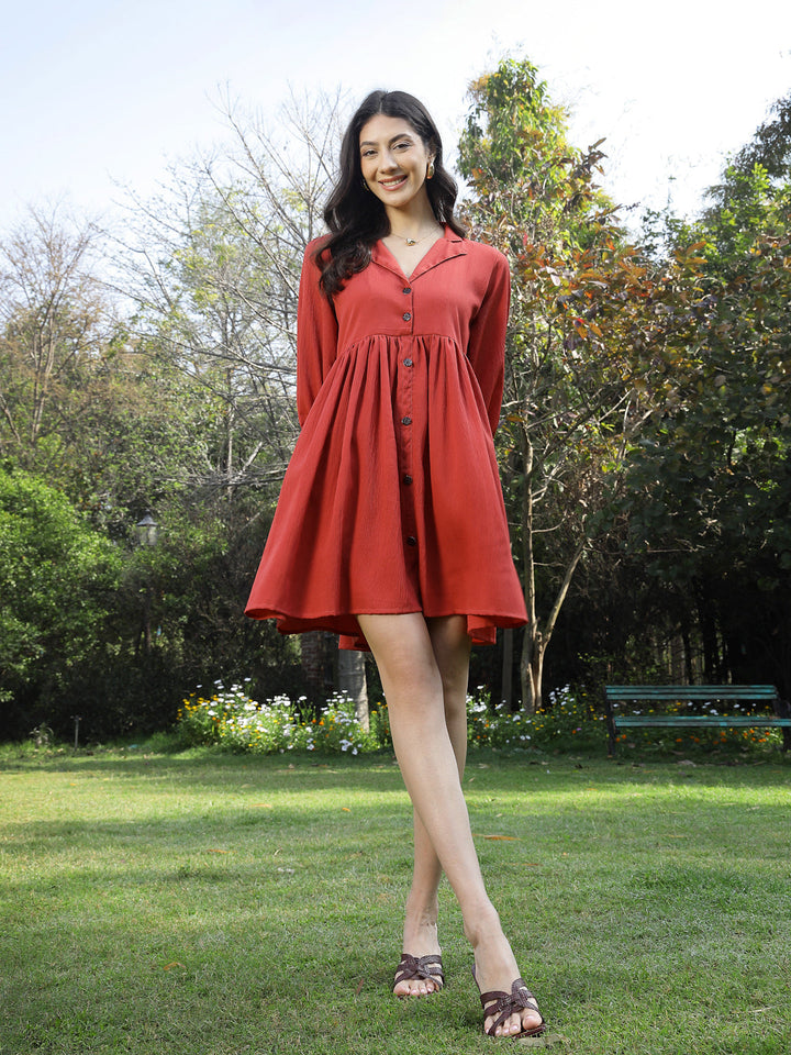 Rust-Crepe-Solid-Italian-Flared-Mini-Dress