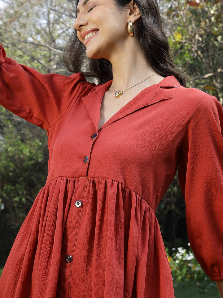 Rust-Crepe-Solid-Italian-Flared-Mini-Dress