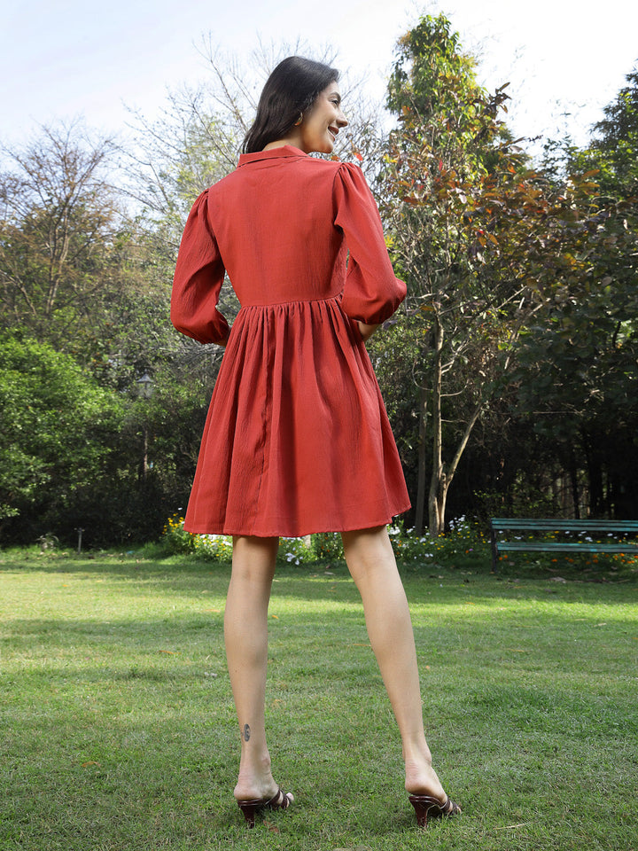 Rust-Crepe-Solid-Italian-Flared-Mini-Dress